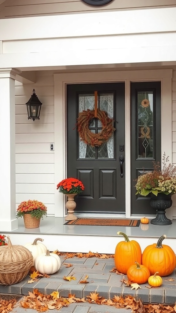 A fall-themed porch featuring a dark green door, a natural wreath, colorful mums, and various pumpkins on the steps.