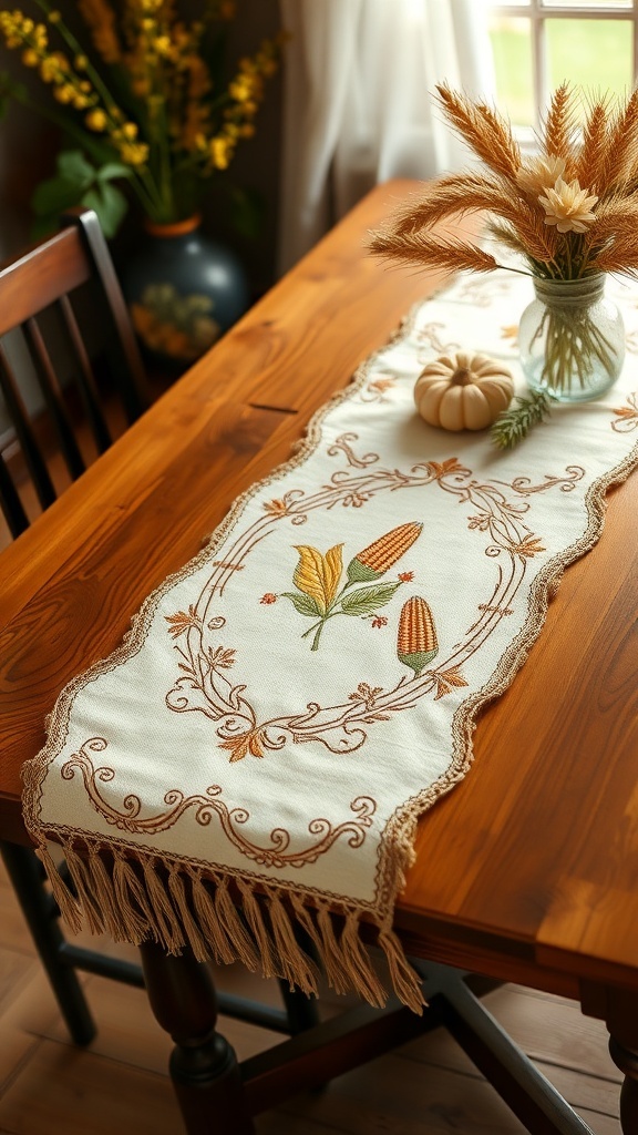 A harvest-themed embroidered table runner with corn and leaf designs on a wooden table, featuring a vase of dried flowers and a small pumpkin.