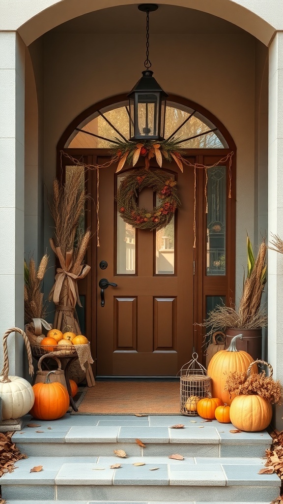 Harvest-themed entryway with pumpkins, a wreath, and a lantern