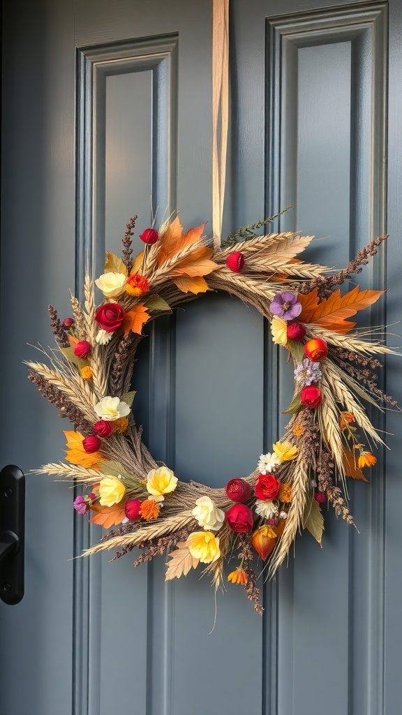 A harvest-themed floral wreath with colorful flowers and wheat, hanging on a door.