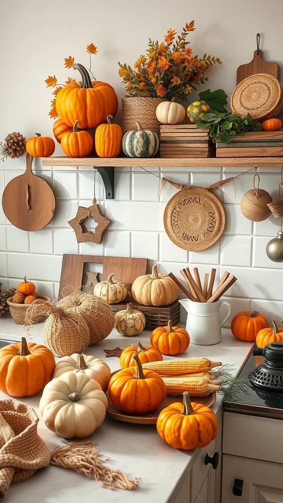 A cozy kitchen decorated with various pumpkins, wooden elements, and autumn flowers.