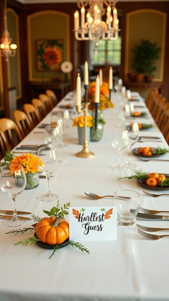 A beautifully set dining table with harvest-themed place cards, pumpkins, and candles.