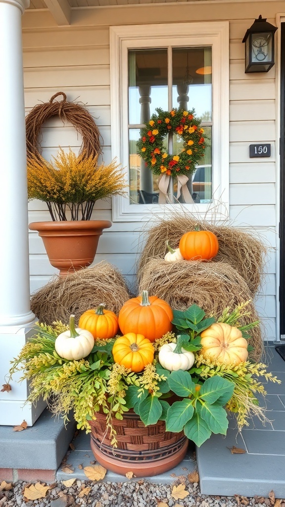 A cozy front porch decorated with harvest-themed planters, featuring pumpkins, greenery, and hay bales.