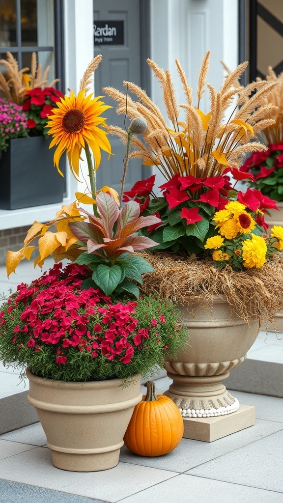Colorful harvest-themed planters with sunflowers, red flowers, and a small pumpkin.