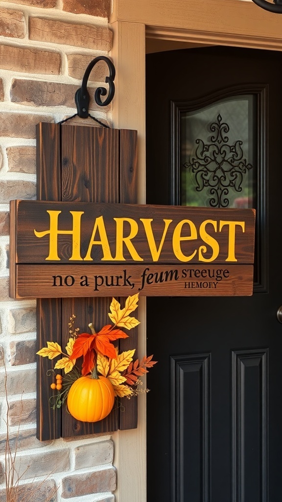 A harvest-themed wooden sign with the word 'HARVEST' and autumn decorations including leaves and a pumpkin.