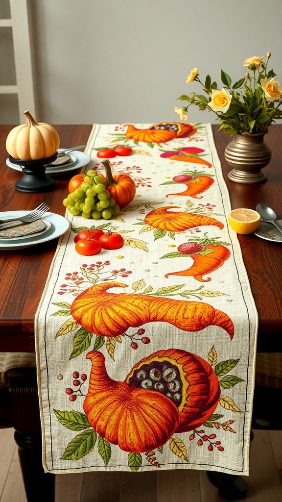 A harvest-themed table runner featuring pumpkins and gourds on a dining table with fruits and flowers.