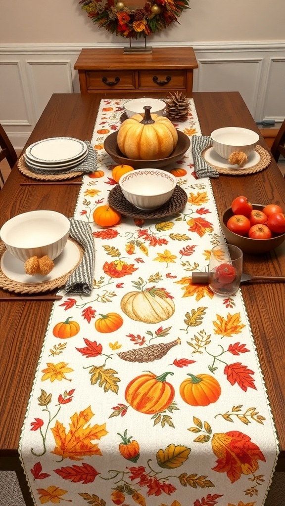 A Thanksgiving table set with a harvest-themed table runner featuring pumpkins and autumn leaves.