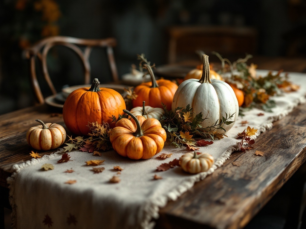 A harvest-themed table runner featuring pumpkins and autumn leaves on a wooden table.