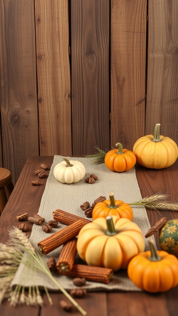 A harvest-themed table runner with pumpkins, wheat, and coffee beans on a wooden table.