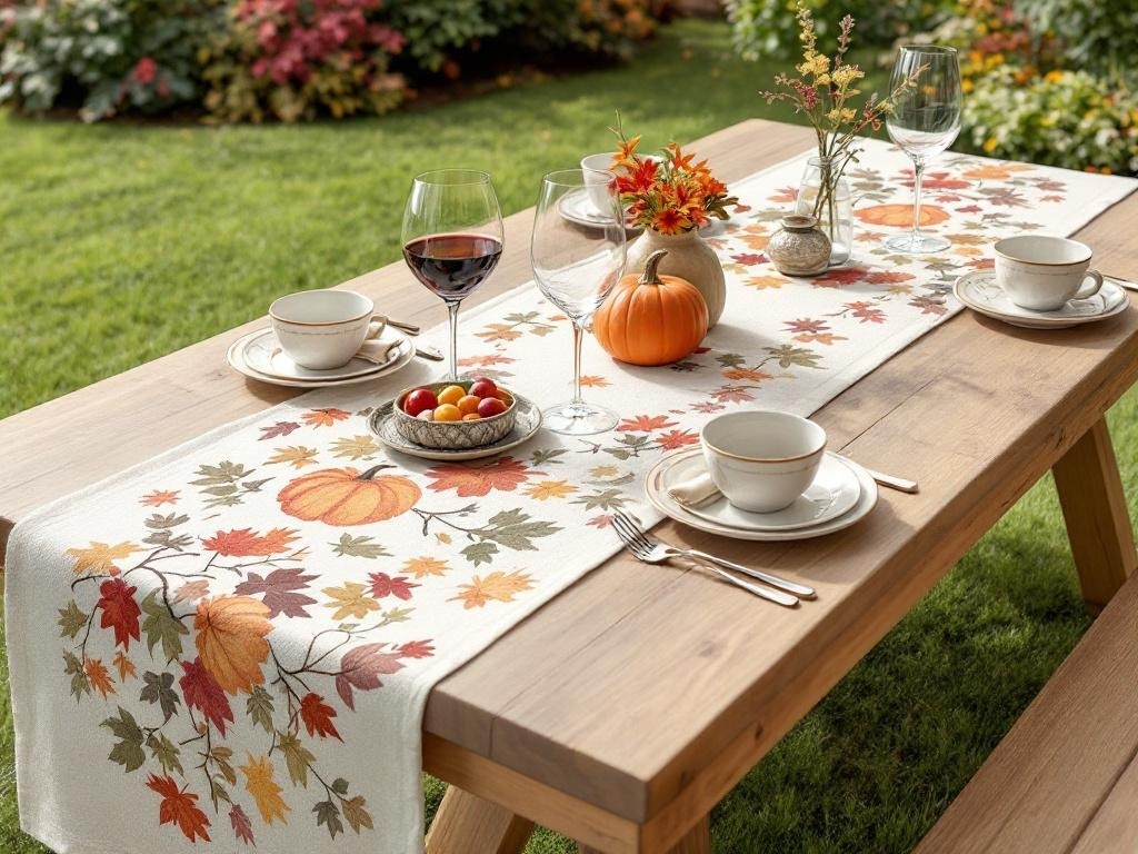 A harvest-themed table runner on a wooden table set for Thanksgiving outdoors, featuring pumpkins and colorful leaves.