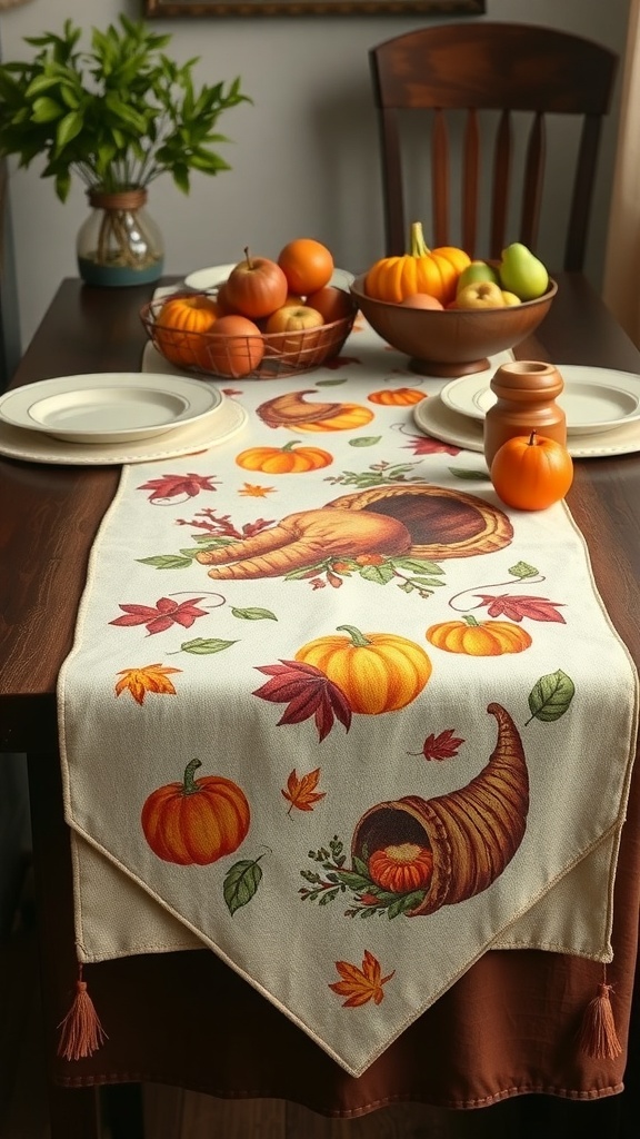 A harvest-themed table runner featuring pumpkins and autumn leaves on a dining table.
