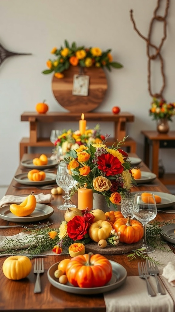 A beautifully arranged harvest-themed table with pumpkins, flowers, and candles.