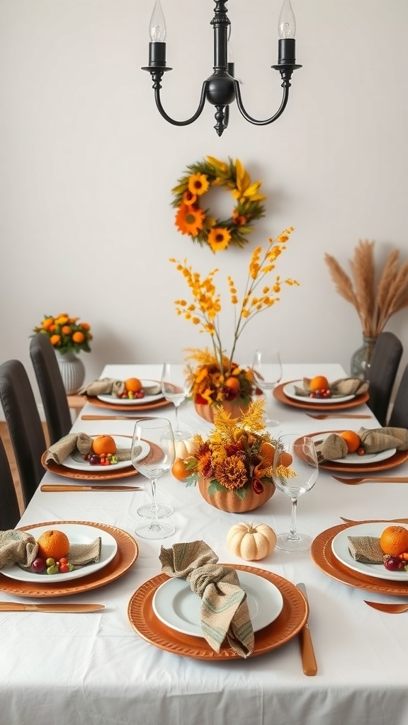 A cozy harvest-themed table setting featuring a centerpiece of flowers, fruits on plates, and warm colors.