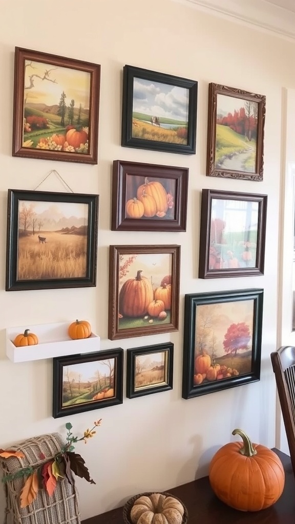 A collection of harvest-themed wall art featuring landscapes and autumn quotes, with a pumpkin and basket in the foreground.