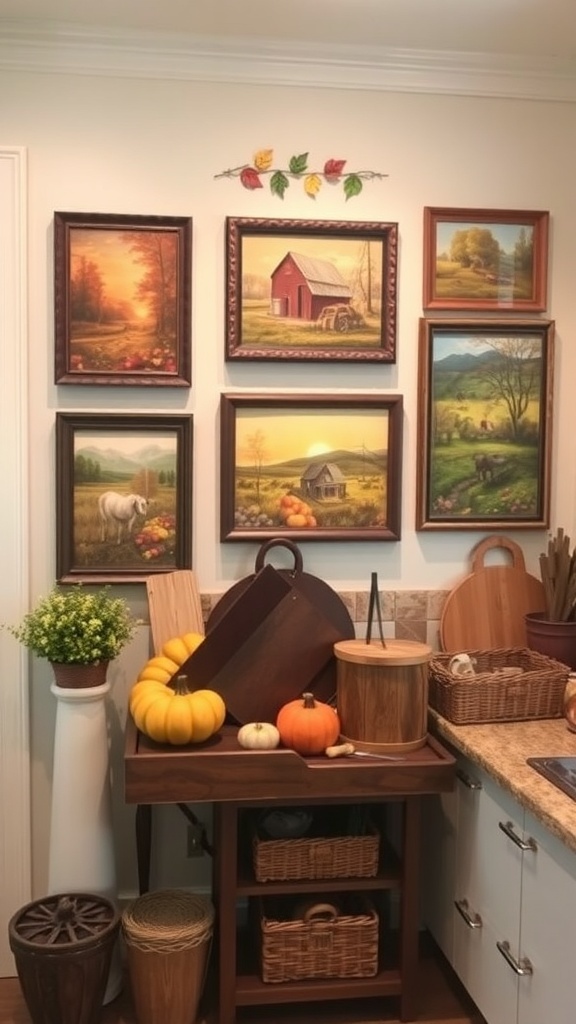 Harvest-themed wall art featuring framed paintings of autumn landscapes and pumpkins in a kitchen setting.