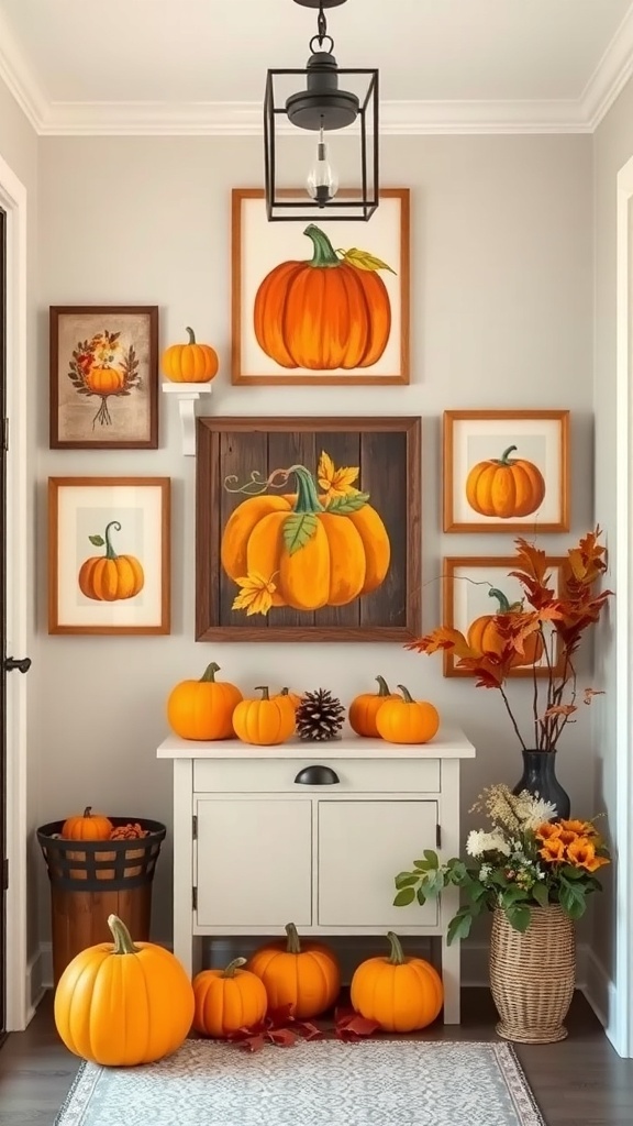 A cozy corner featuring harvest-themed wall art with pumpkins, a small table with decorative items, and warm autumn colors.