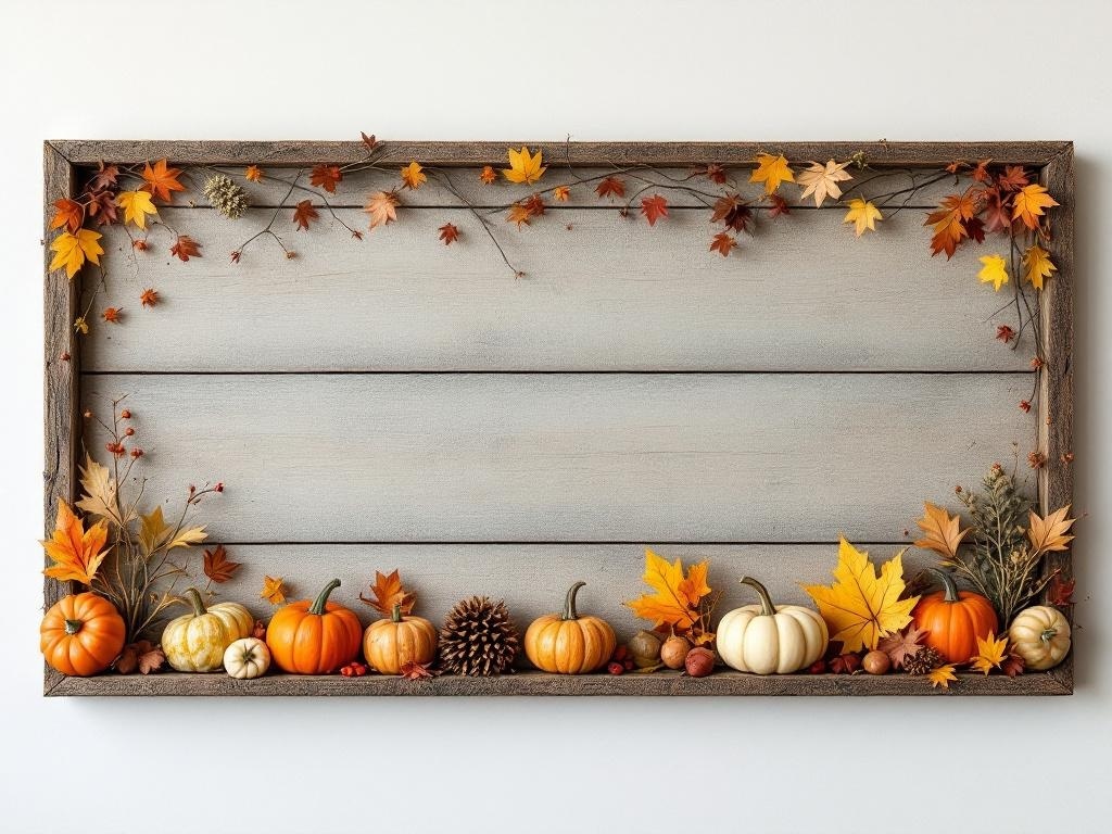 Rustic wall art featuring pumpkins and autumn leaves in a wooden frame