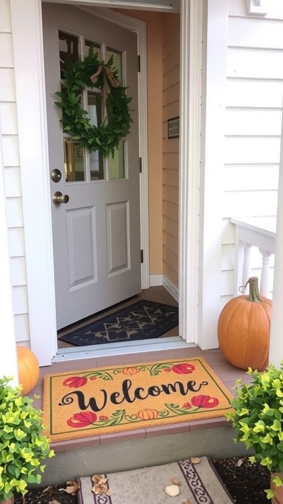 A cozy porch with a harvest-themed welcome mat, pumpkins, and a chair.