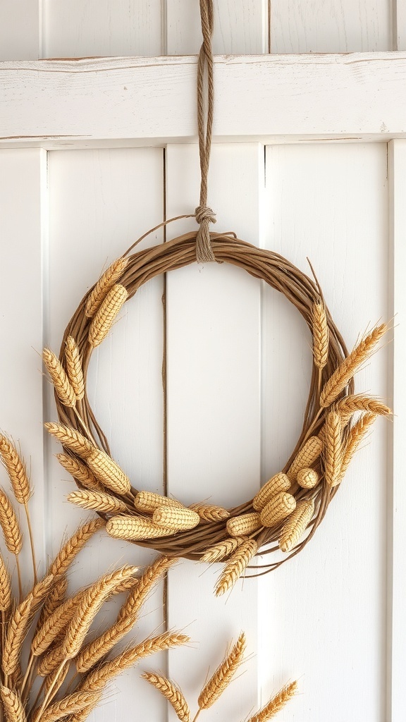A harvest-themed wreath made of wheat and a vine base, hanging on a white wooden wall.