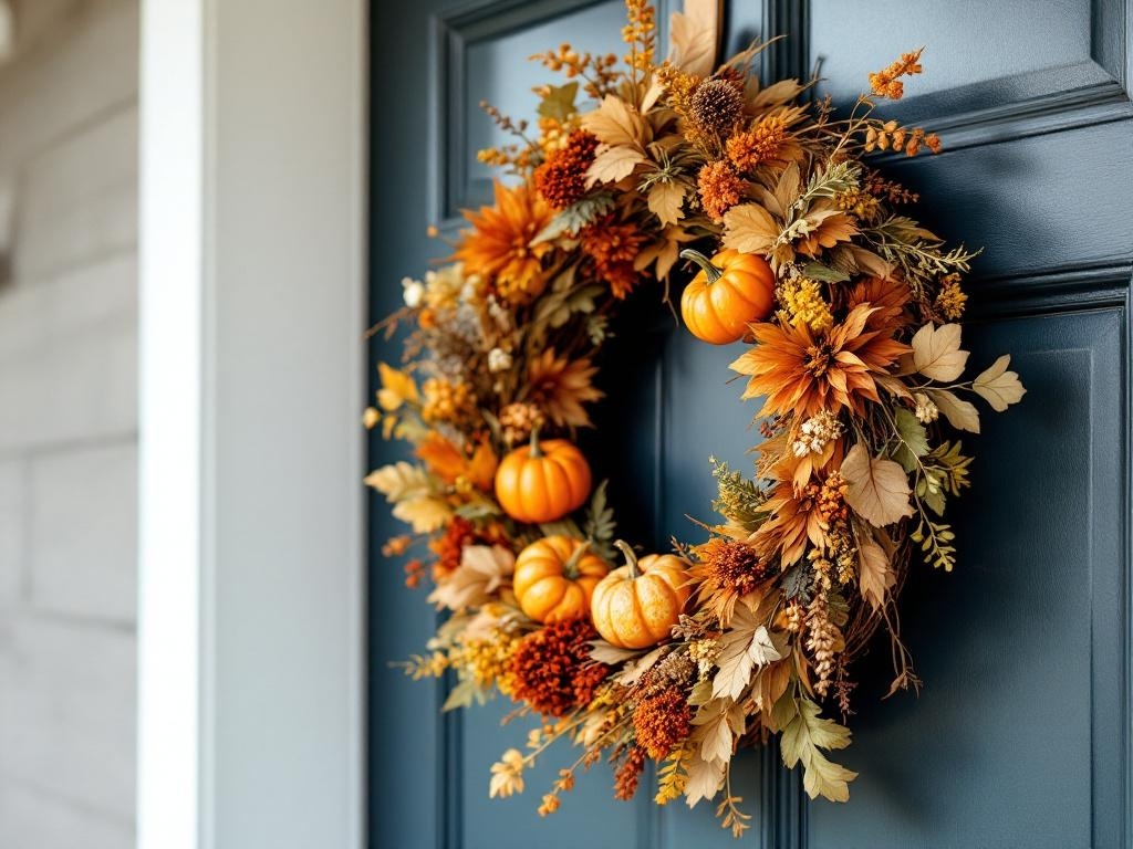 A harvest-themed wreath featuring pumpkins and autumn leaves on a front door.