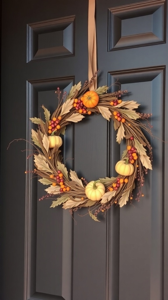 A harvest-themed wreath made of leaves, berries, and small pumpkins hanging on a dark door.