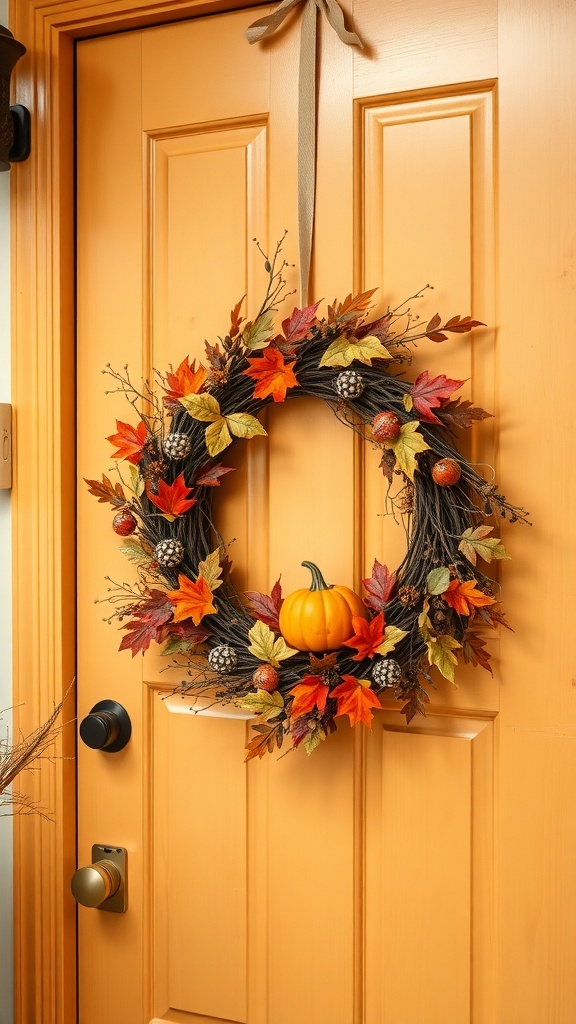 A harvest-themed wreath made of autumn leaves, pinecones, and a small pumpkin, hanging on a door.