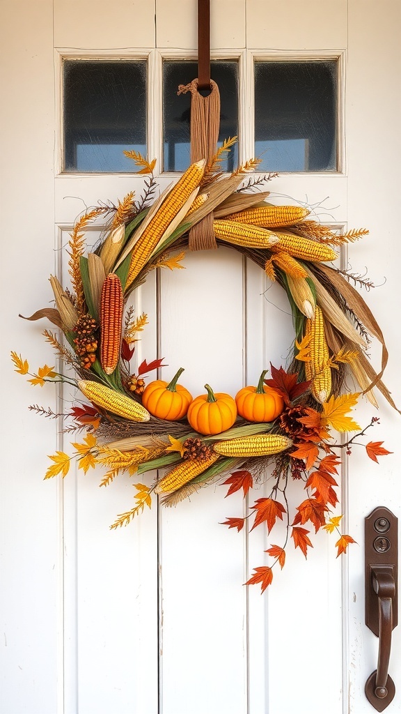 A harvest-themed wreath made of corn, pumpkins, and autumn leaves hanging on a door.