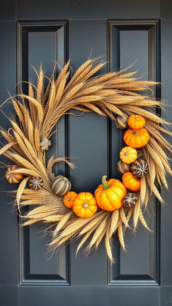 A harvest-themed wreath featuring golden wheat and colorful pumpkins on a black door.