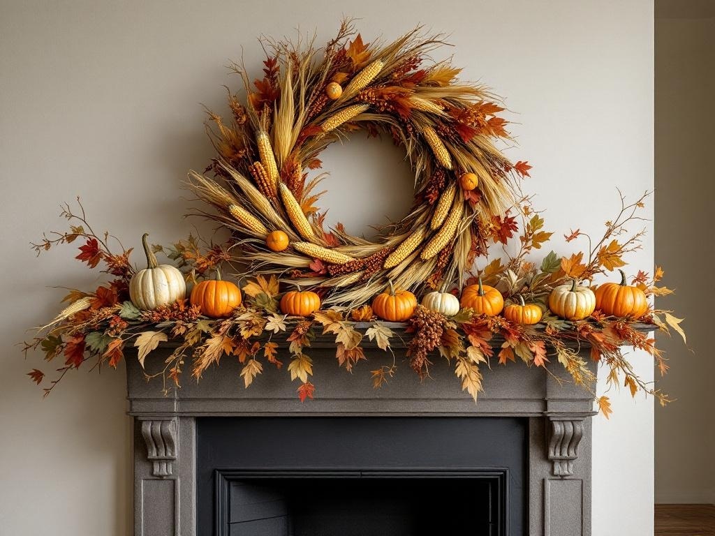 A harvest-themed wreath made of corn and wheat, displayed above a fireplace with pumpkins and autumn leaves.