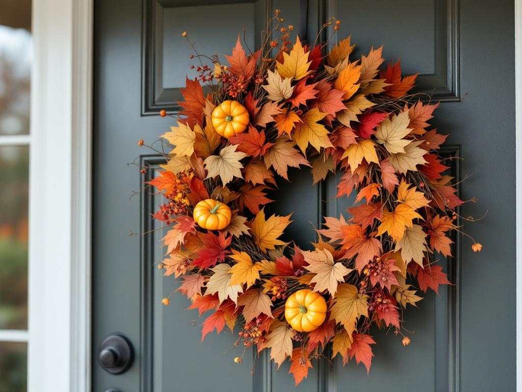 A harvest-themed wreath with colorful autumn leaves and small pumpkins, hanging on a door.