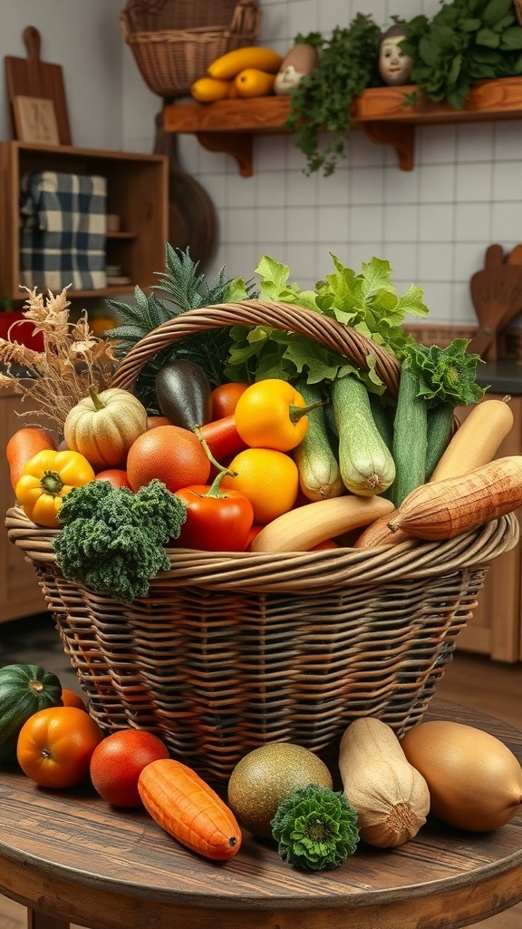 A large woven basket filled with various colorful vegetables and fruits, displayed on a wooden table.