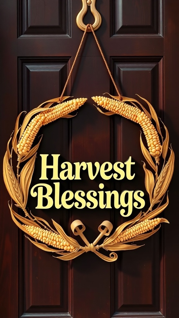 A door hanger with the words 'Harvest Blessings' surrounded by corn and leaves, hanging on a dark wooden door.