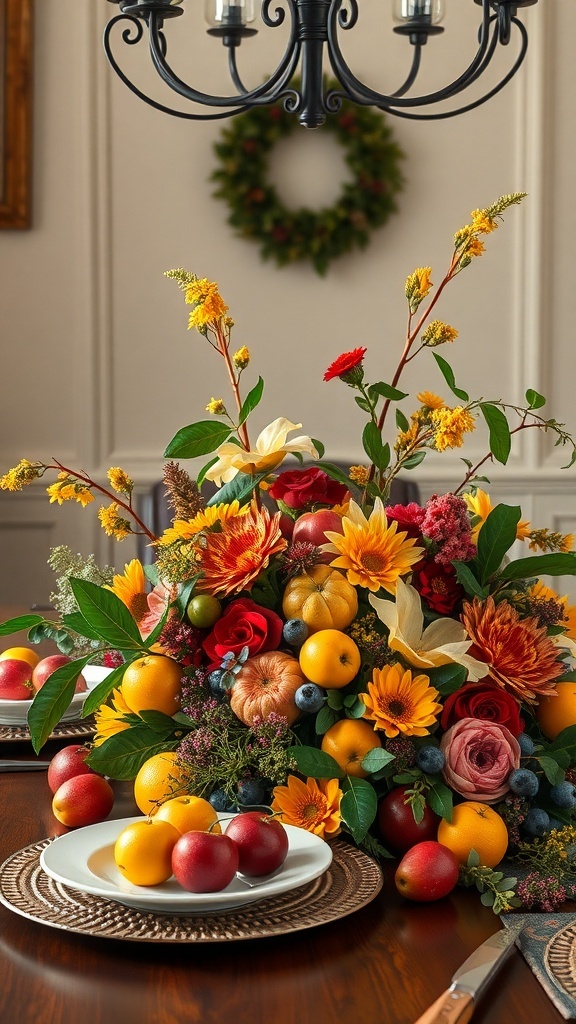 A colorful autumn harvest centerpiece featuring flowers and fruits on a dining table.