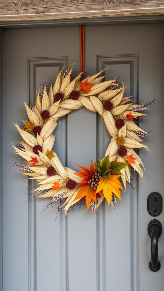A beautiful harvest corn wreath made of dried corn husks, colorful leaves, and berries, hanging on a door.