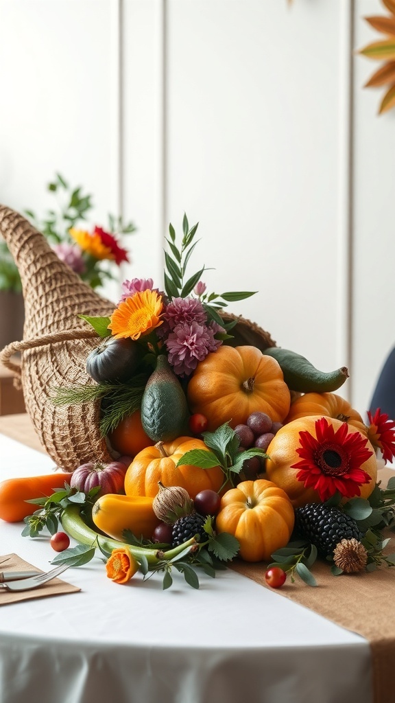 A cornucopia filled with pumpkins, flowers, and greenery on a table.