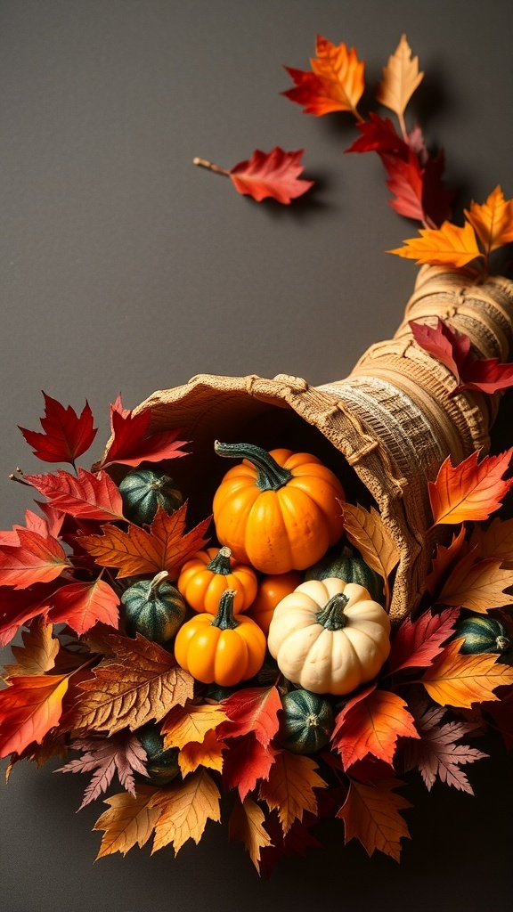 A cornucopia wreath filled with pumpkins and autumn leaves.