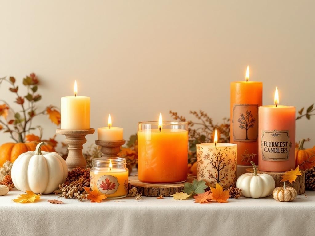 A collection of autumn-themed candles surrounded by pumpkins and fall leaves.