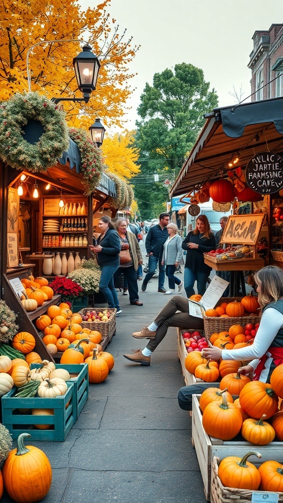 A lively harvest market with stalls filled with pumpkins and shoppers enjoying the fall season.