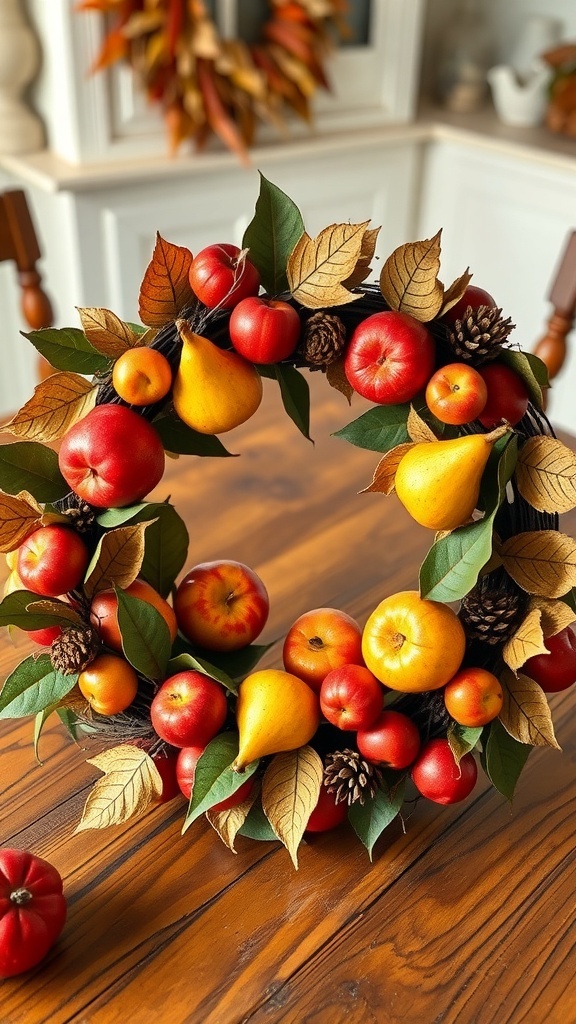 A colorful Harvest Fruit Wreath made with apples, pears, and pinecones on a wooden table.