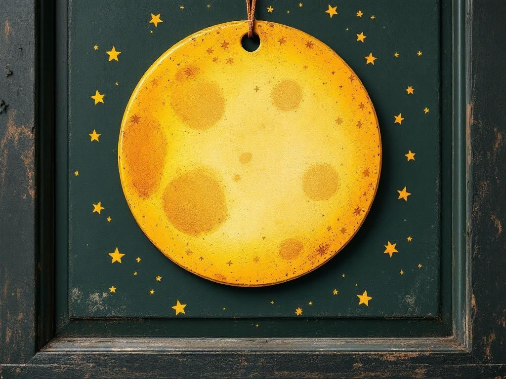 A round yellow door hanger shaped like a moon, surrounded by stars on a dark green background.
