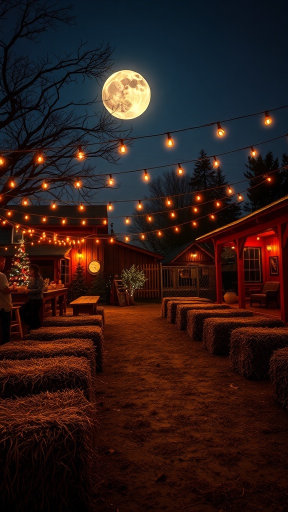 A cozy farmhouse setting under a bright full moon with string lights and hay bales.