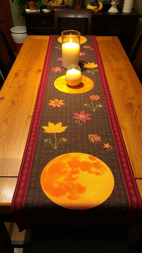 A fall-themed table runner featuring Harvest Moon motifs with pumpkins and leaves, set on a wooden table with candles and flowers.