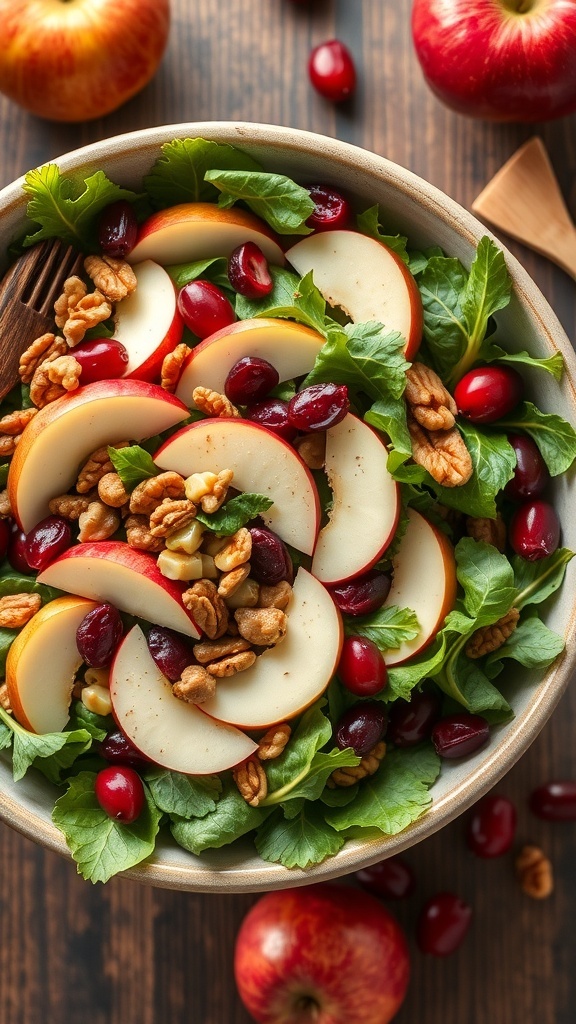 A harvest salad bowl with sliced apples, cranberries, walnuts, and leafy greens.