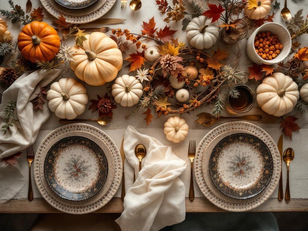 A beautifully set Thanksgiving table with pumpkins, autumn leaves, and elegant dishware.