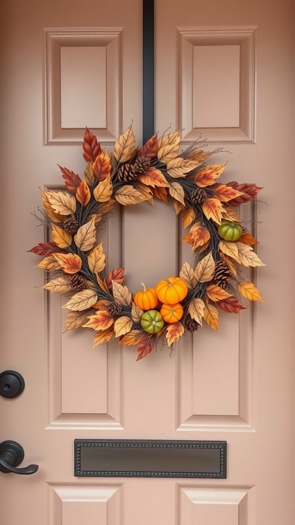A fall-themed wreath made of colorful leaves and small pumpkins hanging on a door.