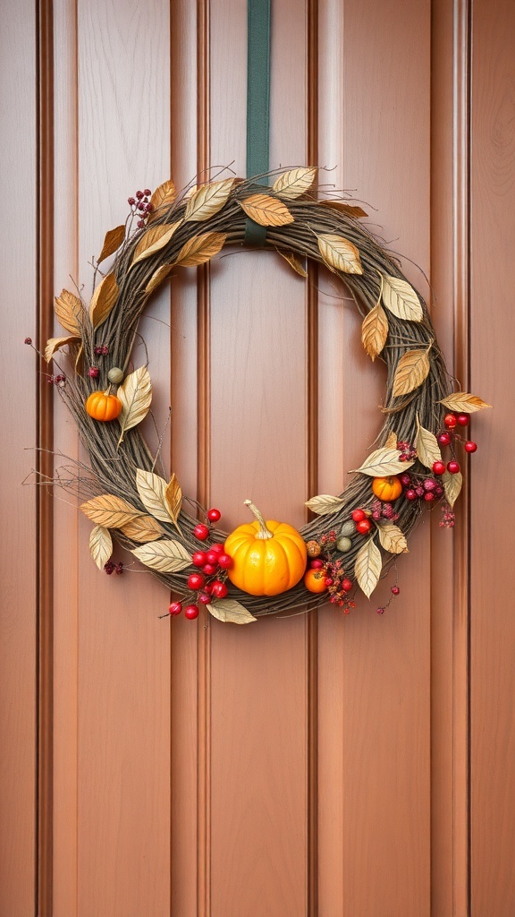 A harvest wreath with golden leaves, pumpkins, and red berries hanging on a brown door.
