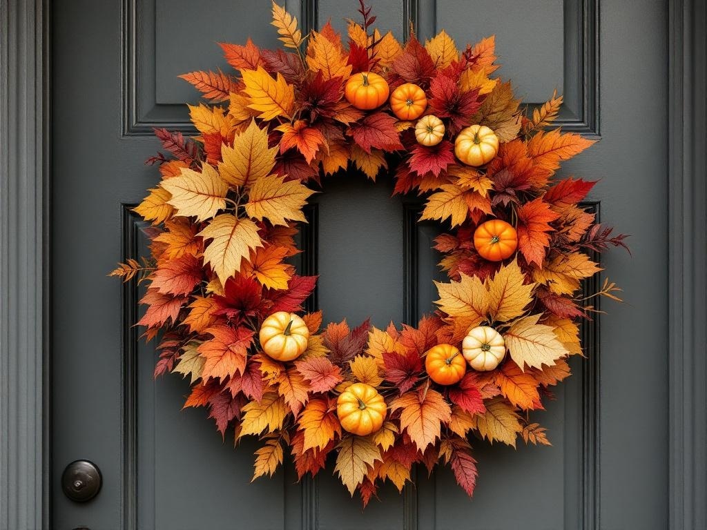A harvest wreath made of autumn leaves and small pumpkins hanging on a door.