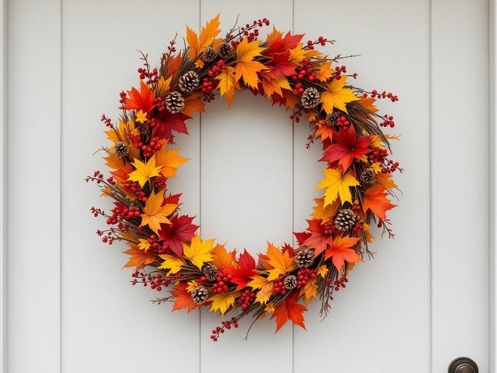 A colorful harvest wreath made of autumn leaves, pine cones, and berries, hanging on a white door.
