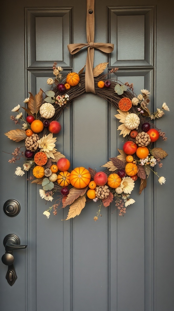 A beautiful harvest wreath with pumpkins and dried flowers hanging on a front door.