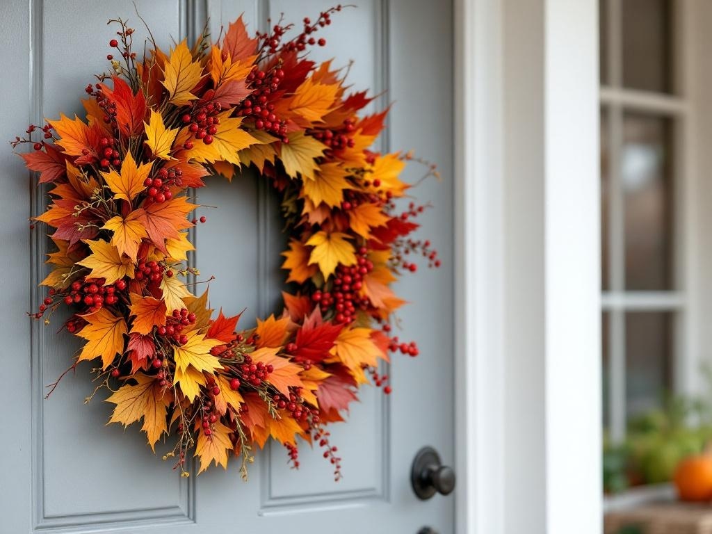 A colorful harvest wreath made of orange, yellow, and red leaves with red berries, hanging on a gray door.